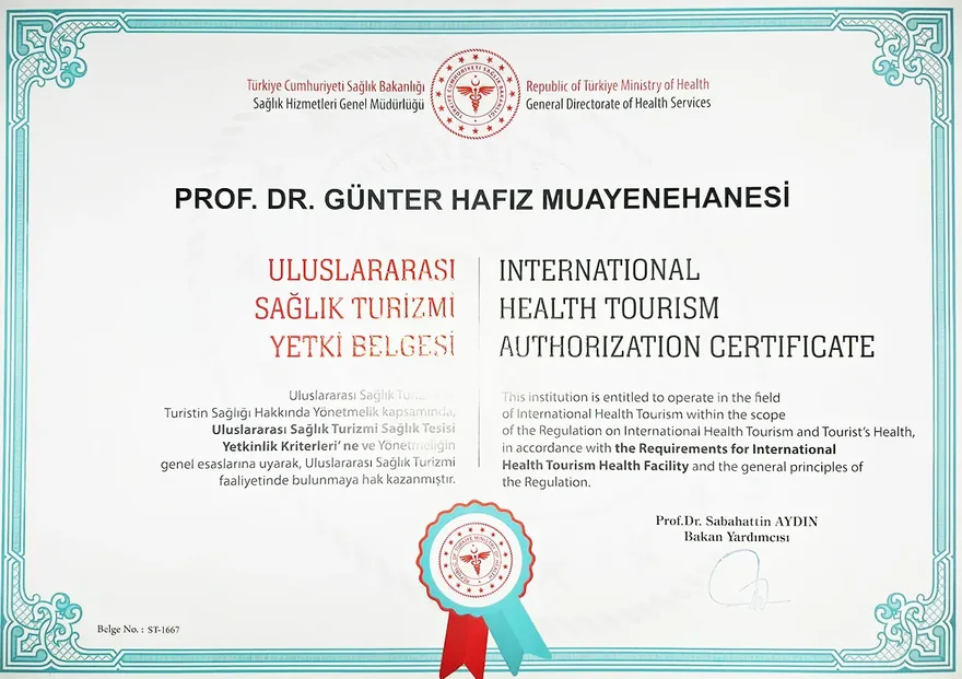 International Health Tourism Authorization Certificate of the practice of Prof. Dr. Günter Hafız, issued by the Republic of Türkiye Ministry of Health, certificate no. ST-1667